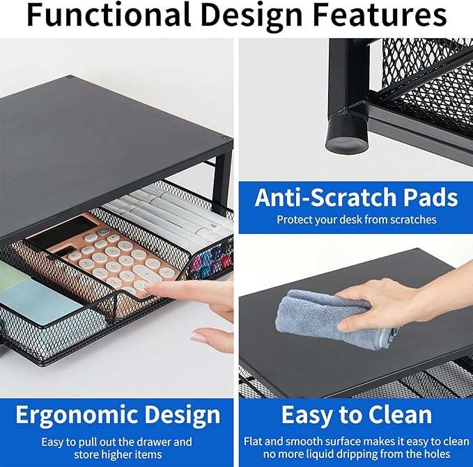 Small Laptop Stand for Desk, Monitor Stand Riser, Office Desk Accessories, Computer Desktop Stand with Drawer for Home, Office, School (Black)