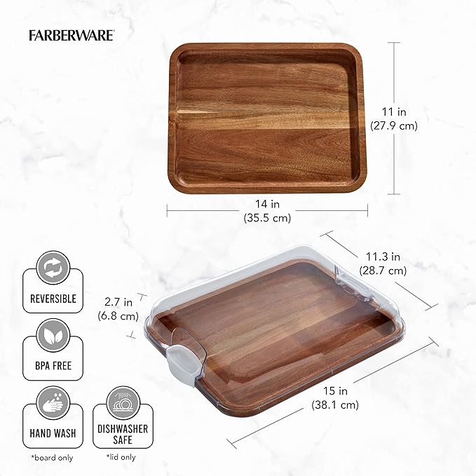 FARBERWARE Build-A-Board Acacia Cutting Board with Built-in Storage Compartments, Clear Locking Lid & White Handles, Great for Charcuterie & Snacks