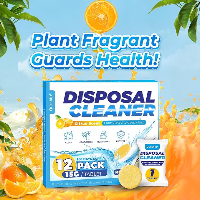 Qucship Garbage Disposal Cleaner Deodorizer - 12 Pack, Foaming Citrus Sink Freshener - XXL Tablets Eliminate Odors, Natural Septic Safe Food Disposer Maintenance