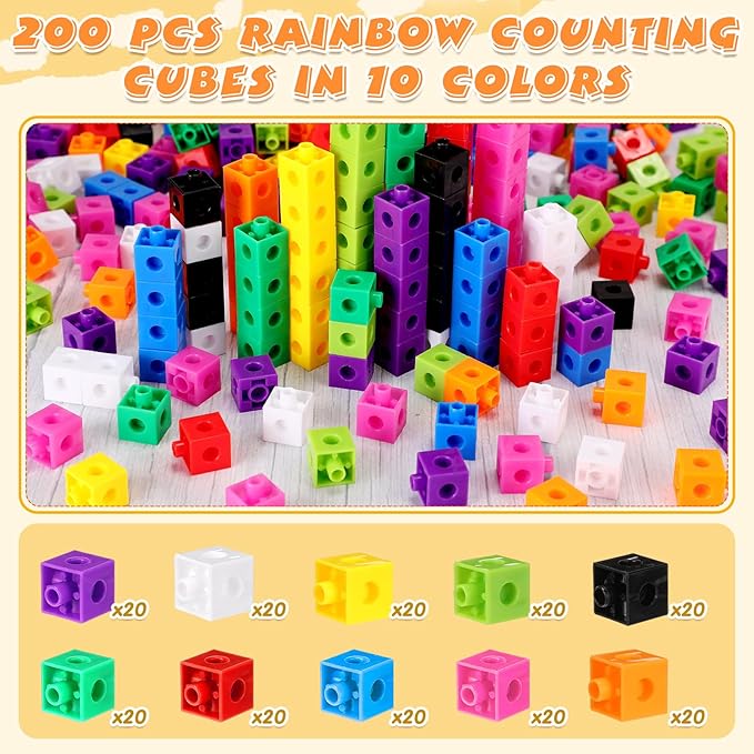 Jenaai 200 Pcs Math Cubes Counting Blocks Linking Connecting Cubes Math Manipulatives with Storage Container Educational Toy for Kids Age 4-8 Kindergarten STEM Activities Preschool(Pink)