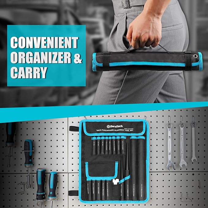 DURATECH 18 Piece Punch/Chisel/Alignment Tool Set, Including Pin, Center and Nail Punches, Alignment Tool, Cold Chisels, Chisel Gauge, with Rolling Pouch
