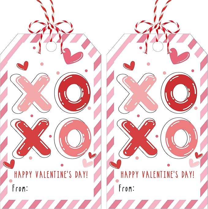 50Pcs Happy Valentines Tags for Bags, XOXO Valentine Gift Label with String, Sweet Themed Party or Valentine' Day Thank You Gift Tags Great for Party Favors