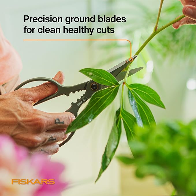 Fiskars Shaper Plant Shears, Precision Indoor Gardening Snips with Storage Caddy, Forged Stainless Steel Blades for Clean Cuts on Broad Leaves, Ambidextrous Handles & Stem Stripper, 6"