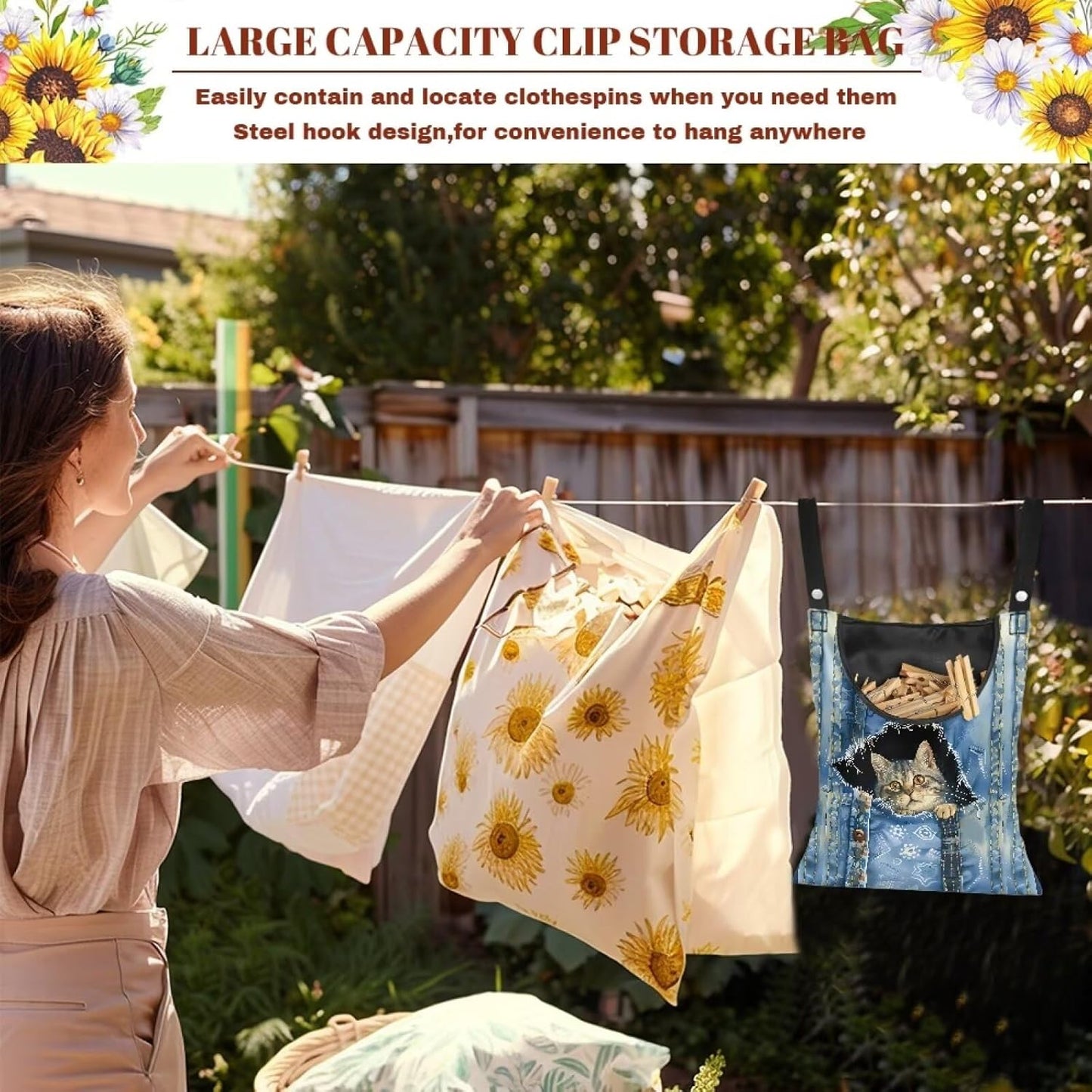 Cat Pin Bag with Hanging Rope, Laundry Hanging Bag, Fits Clothes Lines, Outdoor/Indoor Use