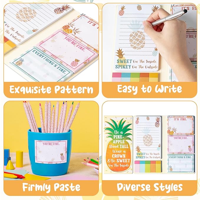 B1ykin Cute Sticky Note Set - Be A Pineapple Stand Tall Wear A Crown Be Sweet On The Inside Self-Stick Notes Pad, 550 Sheets Writing Memo Pages Sticky Notepad for Teacher Appreciation Gift (Pineapple)