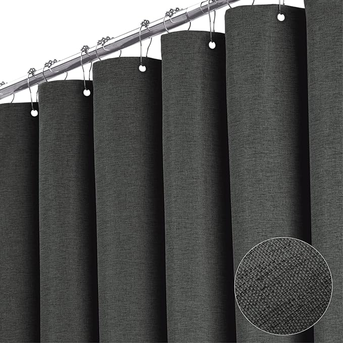 BTTN Grey Extra Long Shower Curtain, 72x96 Inch Long Linen Textured Heavy Duty Fabric Shower Curtain Set with 12 Hooks, Tall Simple Neutral Waterproof Cloth Shower Curtain for Bathroom, Charcoal Gray