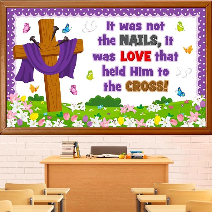 Easter Cross Bulletin Board Decoration Set, Religious Jesus Christian Classroom Decorations, Spring Faith Lily Butterfly Cutouts, April Sunday School Church Wall Window Door Decor for Teacher