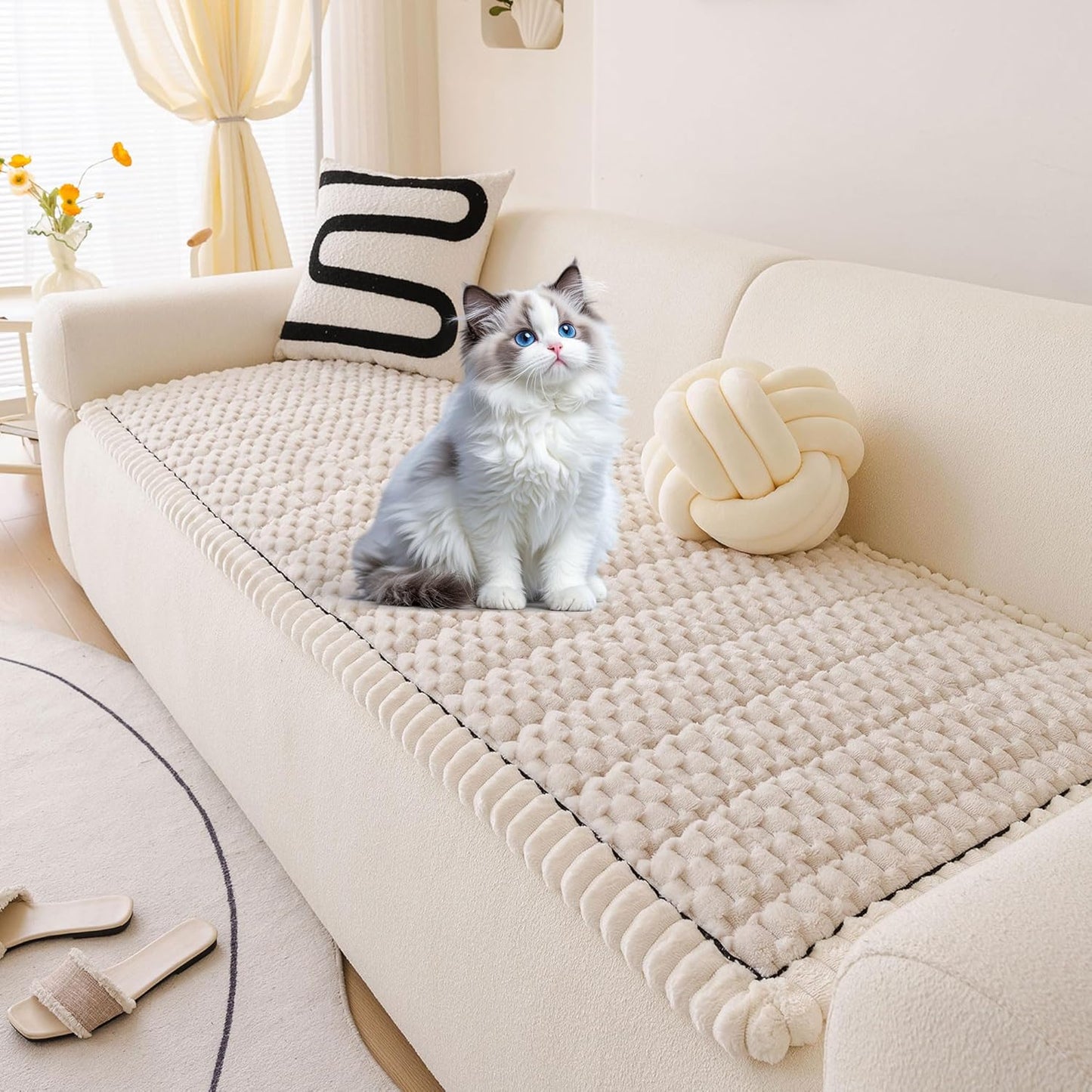OTOB All Seasons Sofa Covers for 3 Cushion Couch Washable, Fuzzy Non Slip Kids & Pet Friendly Couch Cover Furniture Protector, Soft Plush Sofa Slipcovers Dog Bed Mats (Cream, 31.5" x 70.9'')