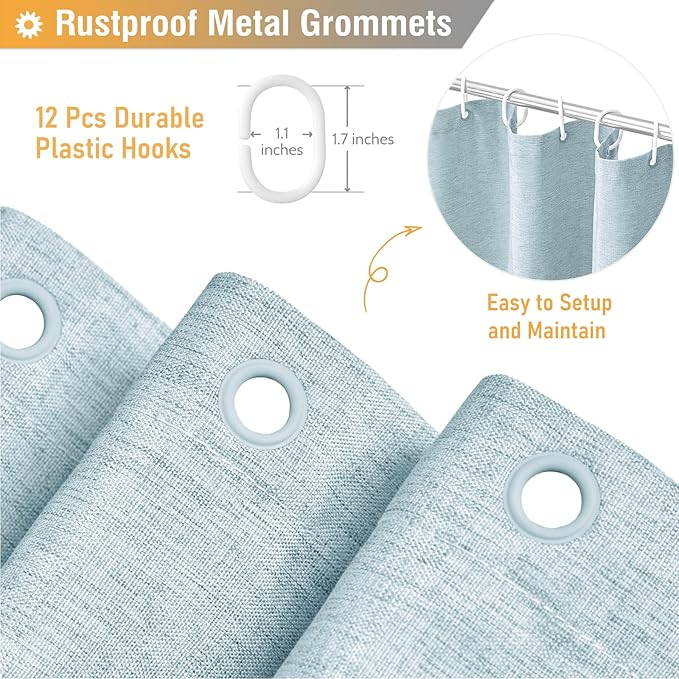 BTTN Fog Blue Shower Curtain - Linen-Look Heavy Duty Waterproof Cloth Shower Curtain Set with 12 Plastic Hooks, Hotel Spa Luxury Simple Decorative Thick Fabric Shower Curtains for Bathroom - 72x72