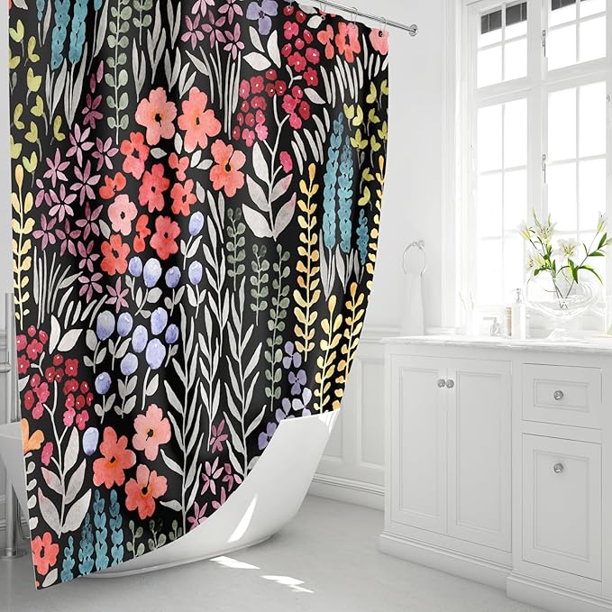 Colorful Floral Shower Curtain 60x72, Cute Boho Flower Fabric Shower Curtain, Funky Watercolor Wildflower Shower Curtain Set, Cottagecore Bohemian Bathroom Decor, Black