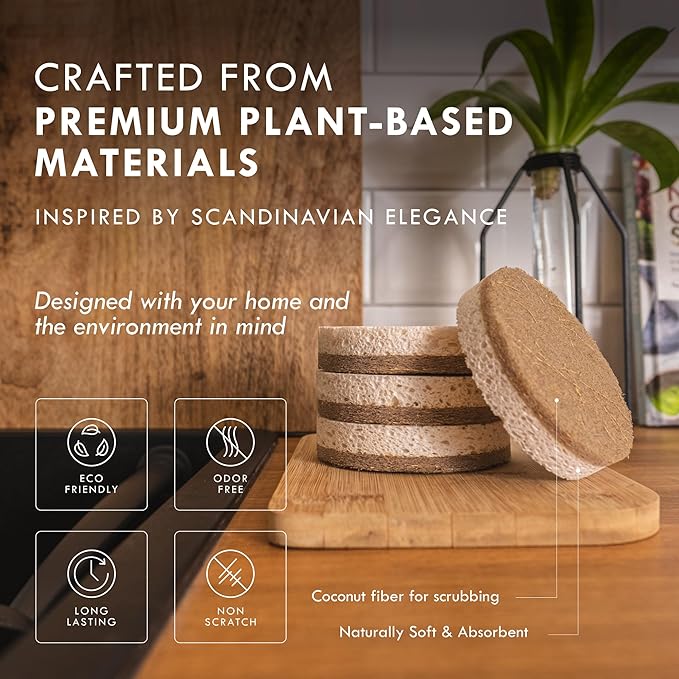 Organic Kitchen Sponges 6-Pack – Non Toxic Sponges for Dishes, Natural Dish Sponge Set, Plant Based Cellulose & Coconut Fiber Sponge, Biodegradable, Compostable, Eco Friendly