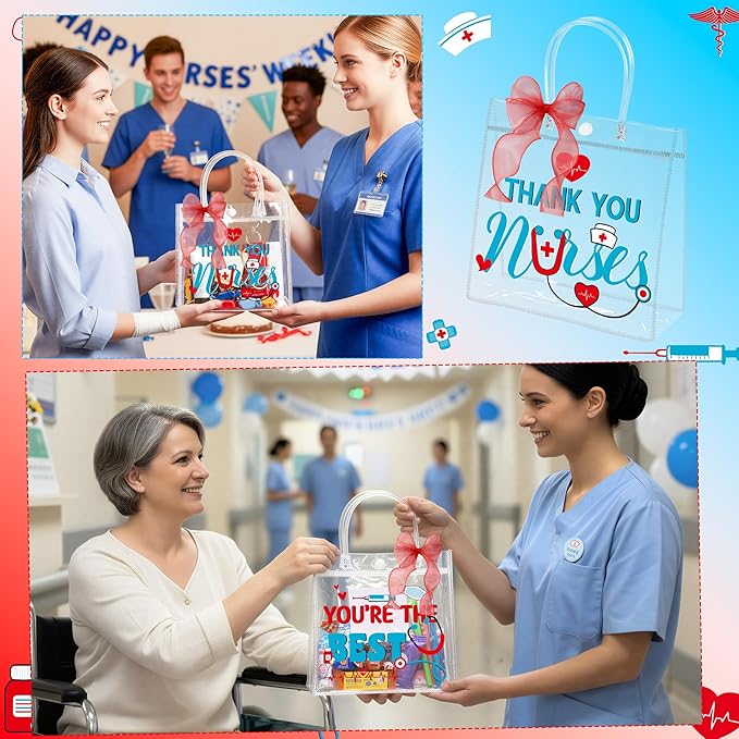 H1vojoxo Nurse Appreciation Gift Bags - 24PCS Nurse Clear PVC Gift Bags with Red Bow Ribbon Nurses Week Thank You Gifts Bag with Handles for Medical Assistant Healthcare Workers Best Nurses Ever