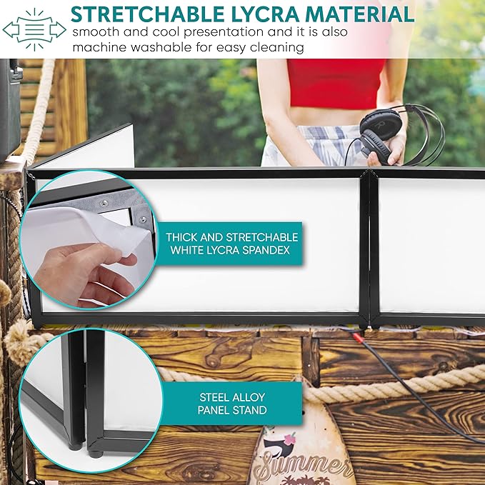Pyle DJ Booth Foldable Cover Screen - Portable 5.6 ft Tabletop Event Facade Front Board Video Light Projector Display Scrim Panel -Folding Steel Frame Panel Stand, Stretchable Lycra Spandex PDJFAC02