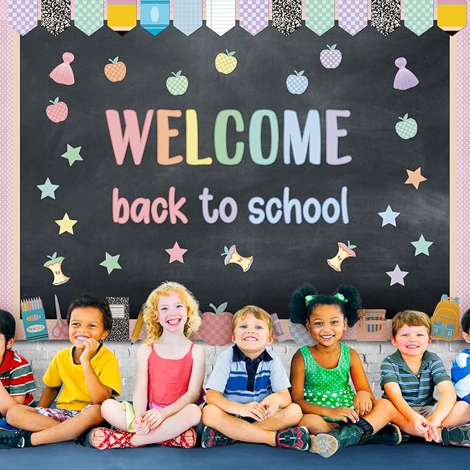 94 Pcs Composition Notebook Classroom Decor Welcome Back to School Bulletin Board Set Checkered Classroom Decor Pencil Apple Paper Cutouts for First Day of School Party Wall Door(Pastel)