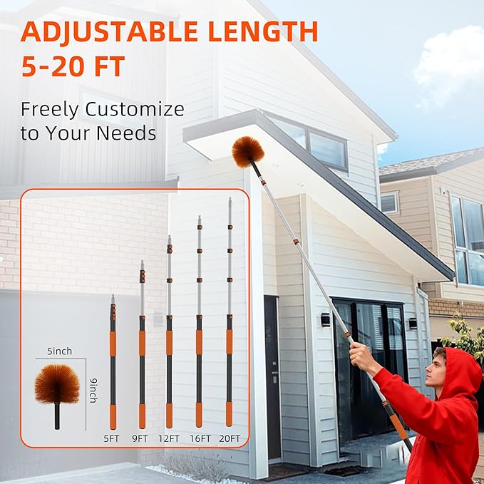 26 FT Cobweb Duster with Extension Pole, Cobweb Duster with 5-20FT Telescoping Extension Pole, Cleans Spider Webs, Washable & Reusable for High Ceilings, Fans & Outdoor & Indoor Cleaning