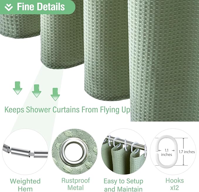 Dynamene Extra Long Fabric Shower Curtain - Waffle Weave 90 Inches Long Heavy Duty Cloth Shower Curtains for Bathroom, 256GSM Tall Hotel Luxury Bath Curtain Set with 12 Plastic Hooks，Sage Green