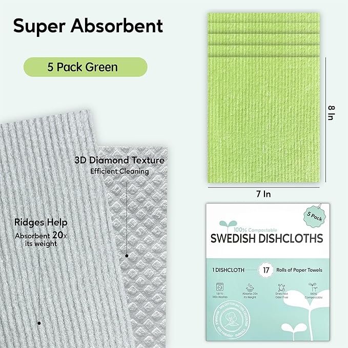 Swedish Dishcloths for Kitchen, 5 Pack Swedish Dish Cloths, Ultra Absorbent Reusable Paper Towels, Cellulose Sponge Cloths, Quick Drying, No Odor, Dishwasher Safe Green