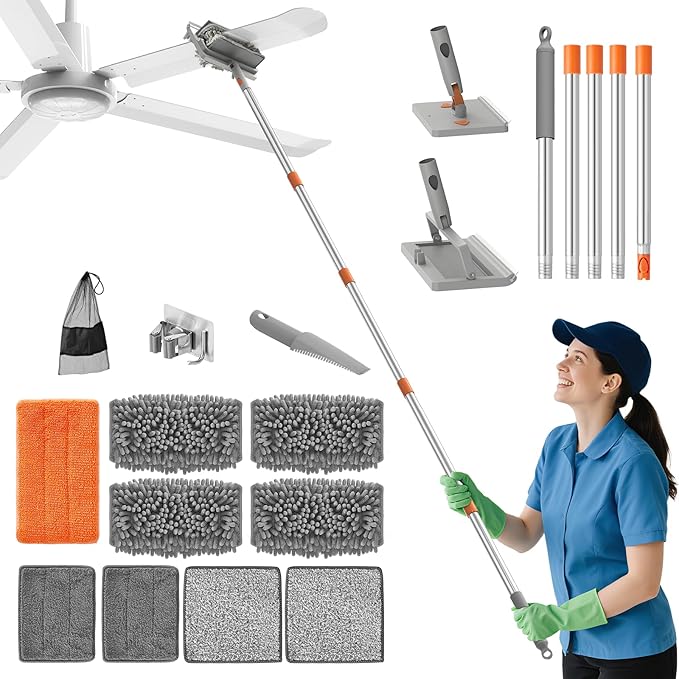 Ceiling Fan Cleaner Duster - 79" Extension Pole & Dual Brush Heads Baseboard Cleaner Tool with Handle, 4-in-1 Reusable Fan Blade Cleaner Ceiling Fan Duster for Fan Blades Baseboards Corners