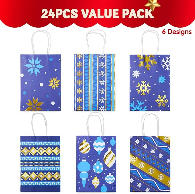 JOYIN 24 PCS Christmas Kraft Gift Bags Xmas Holiday Present Wrapping Paper Goody Bags with Handles for Classrooms and Wedding Decor, Party Favors and Decor Supplies (Blue, 8.27" x 5.91" x 3.15")