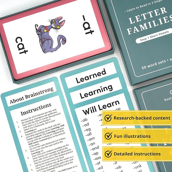 Phonics Step 1 - Short Vowels | Learn to Read Kindergarten /1st Grade | Ages 5-7 | 50 Letter Families Flashcards