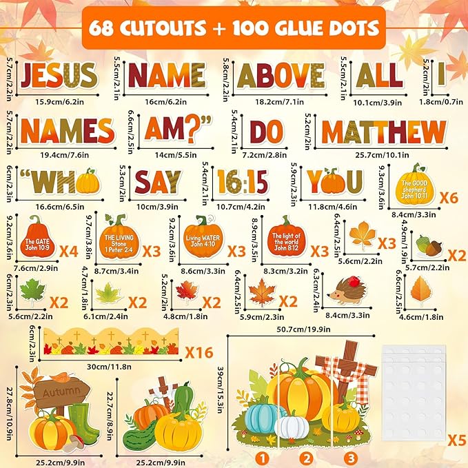 Thanksgiving Fall Christian Bulletin Board Decoration Set Religious Pumpkin Cutouts Autumn Bible Bulletin Board for Kid Preschool Classroom Chalkboard Party Decor Sunday School Church Wall(Jesus Name)