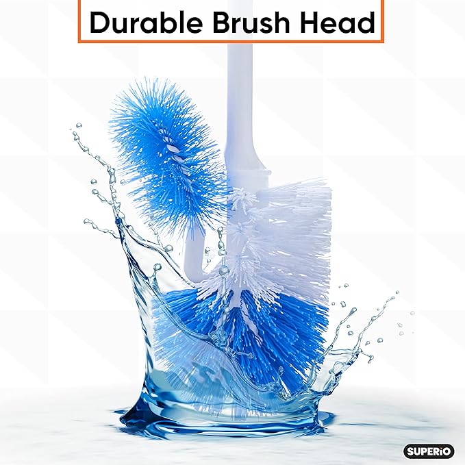Superio Toilet Brush and Holder,Toilet Bowl Cleaning System with Scrubbing Wand, Under Rim Lip Brush and Storage Caddy for Bathroom, White and Blue