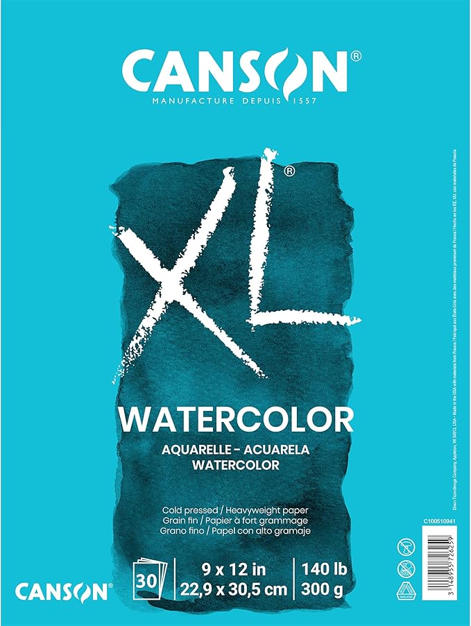Canson XL Series Watercolor Textured Paper Pad for Paint, Pencil, Ink, Charcoal, Pastel, and Acrylic, Fold Over, 140 Pound, 9 x 12 Inch, 30 Sheets, Pack of 6