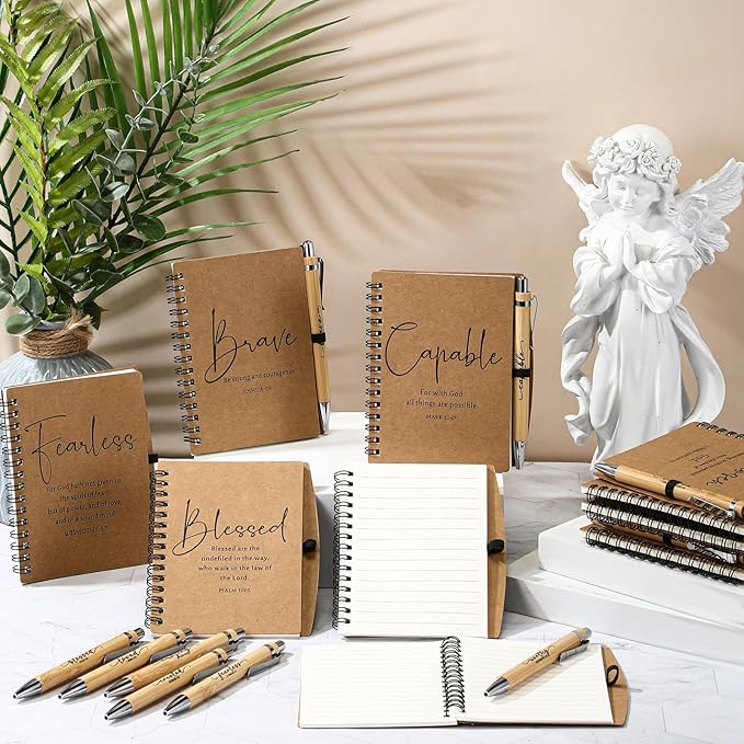 Kosiz 36 Sets Christian Gifts Bulk Inspirational Bible Verse Spiral Notebook and Religious Bamboo Ballpoint Pen Journal with Scripture for Easter Church Member First Communion Teacher Holy Week (Brown)