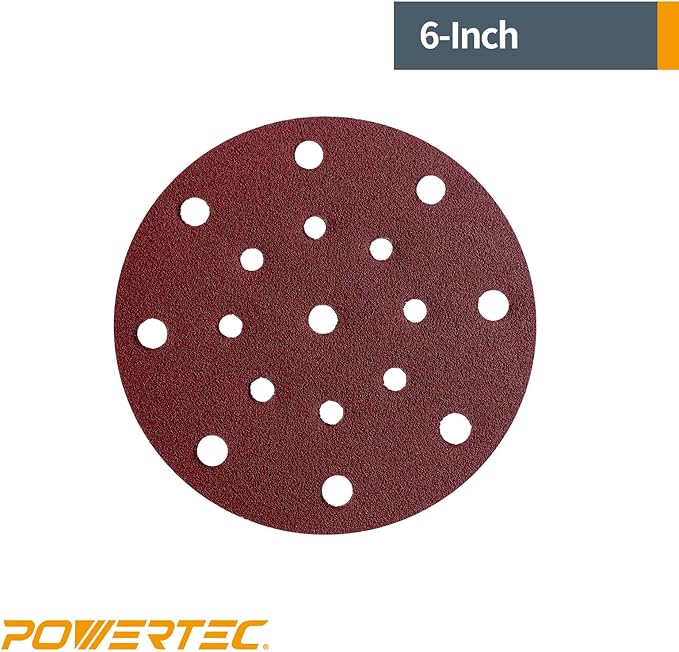 POWERTEC 45818, 6" x17 Holes, 180 Grit, A/O Hook and Loop Disc for Festool RO150 / ETS 150 Sander, Red, 50PK