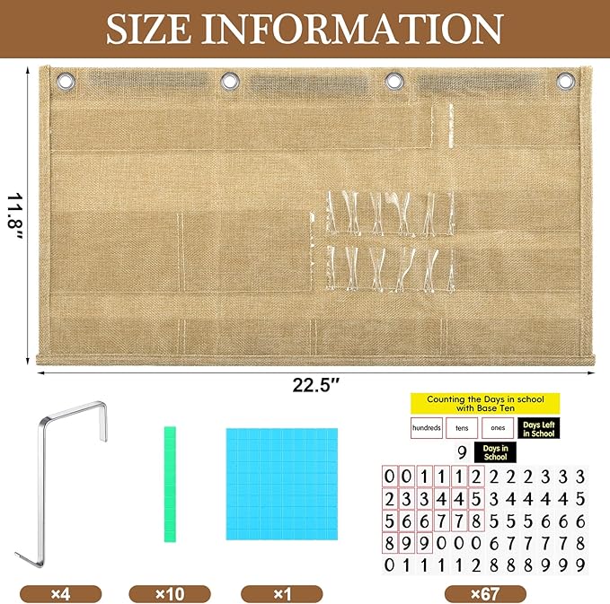 Back to School Counting The Days with Base Ten Pocket Chart Place Value, Counting Caddie Pocket Chart for Classroom Bulletin Board School or Home Decor, 4 Hooks(Burlap Color,Classic Style)