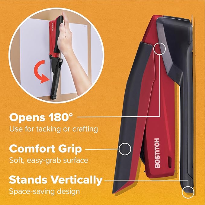 Bostitch Office Executive 3 in 1 Stapler, Includes 210 Staples and Integrated Staple Remover, One Finger Stapling, No Effort, 20 Sheet Capacity, Spring Powered Stapler, Red