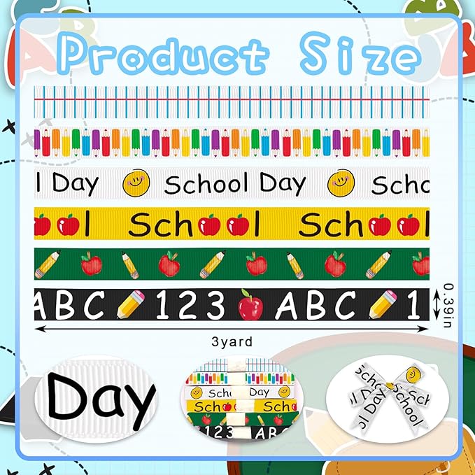 Threetols 6 Rolls 18 Yards Back to School Ribbons, 3/8" School Day Grosgrain Black Green Yellow Apple Pencil ABC Gift Wrapping for Teacher Kindergarten Party Supply