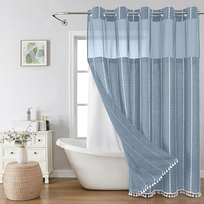 No Hook Extra Long Shower Curtain Set with Snap-in Liner,Linen Textured Thick Striped Fabric with Tassels,Boho Chic Modern Farmhouse Bathroom Curtain,Water-Repellent,Blue,71x86