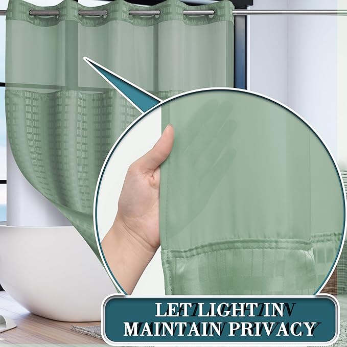 Conbo Mio No Hook Sage Green Shower Curtain with Snap in Liner Set, Hotel Luxury Shower Curtains for Bathroom with See Through Top Window, Waterproof, Washable 71W x 74H