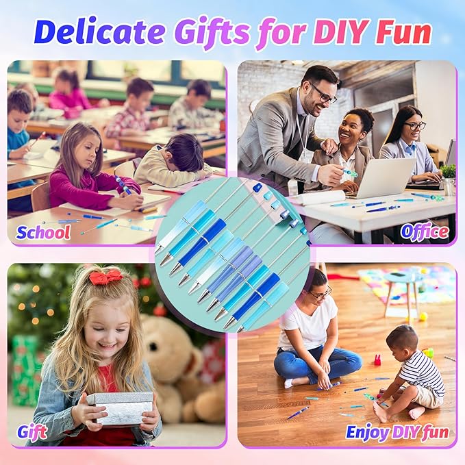 150 Pieces DIY Beadable Pen Kit – 50 Plastic Ballpoint Pens with Refills & Bags – School Supplies, Office Accessories & Decorative Items for Students & Teachers (Blue)