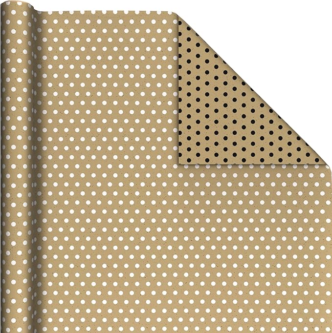 Hallmark Bulk Kraft Reversible Wrapping Paper Rolls (2 Rolls: 160 Sq. Ft. Total) Black Polka Dots, White Stripes for Birthdays, Weddings, Graduations, Baby Showers, Holidays