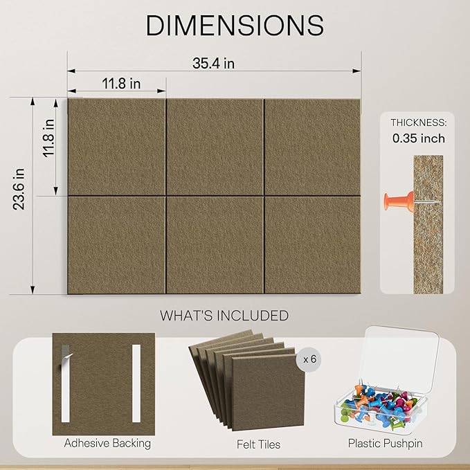 MaxGear Large Cork Board for Wall 36" x 24", Espresso Bulletin Board, 6 Pack Felt Wall Tiles with Pushpins, Cork Boards for Office Push Pin Board Tack Board Felt Board