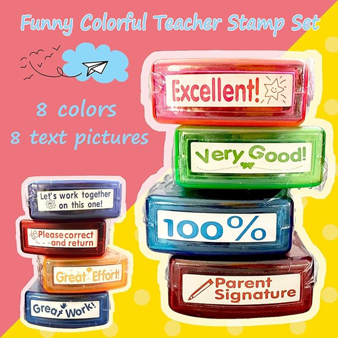 Teacher Stamps for Grading Classroom,Parent Signature Teacher Self-Inking Stamp Set for Homework Teacher Supplies with 8 pcs