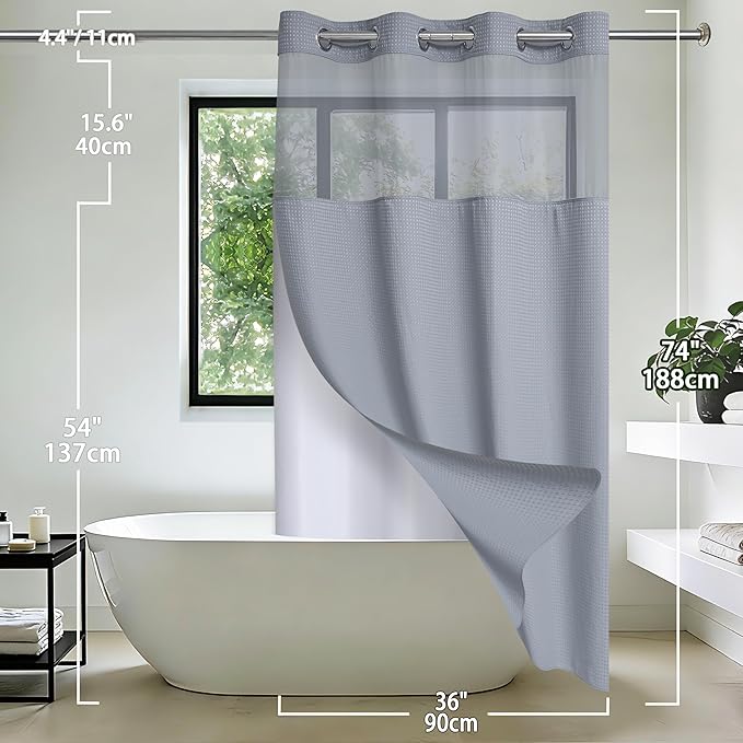 Conbo Mio Stall No Hook Waffle Weave Shower Curtain with Snap in Liner Set, Hotel Luxury Grey Shower Curtains for Bathroom with See Through Top Window, Waterproof, Washable 36W x 74H