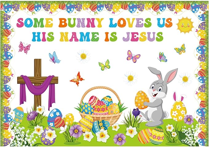 Pasimy Easter Bulletin Board Decorations Set Christian Easter Classroom Decorations Easter Bunny Egg Paper Cut Outs for School Nursery Spring Easter Birthday Party Supplies(Cross)