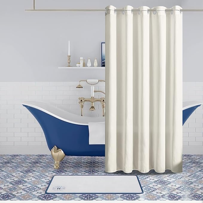 Extra Wide No Hook Shower Curtain,96 Inch Width Beige Fabric Shower Curtains with 12 Plastic Built-in Hooks,Waterproof & Machine Washable Hotel Style for Bathroom,96x72 Inch