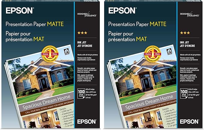 Epson Presentation Paper Matte, 8.5 x 11 Inch, (S041062), White 100 Count (Pack of 2)