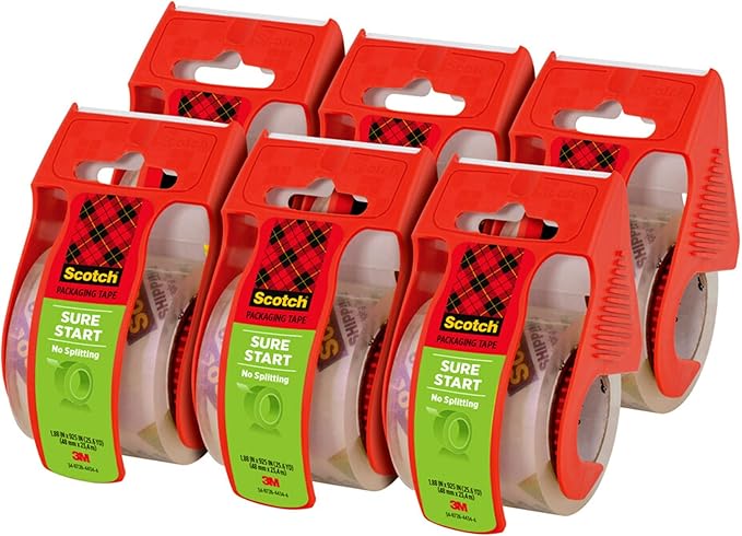 Scotch Sure Start Packing Tape, Clear, Quiet Unwind and Easy Start, Moving Supplies, 1.88 in. x 22.2 yd., 6 Tape Rolls with Dispensers