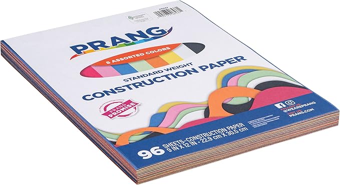 Prang (Formerly Art Street) Lightweight Construction Paper, 8 Assorted Colors, 9" x 12", 96 Sheets