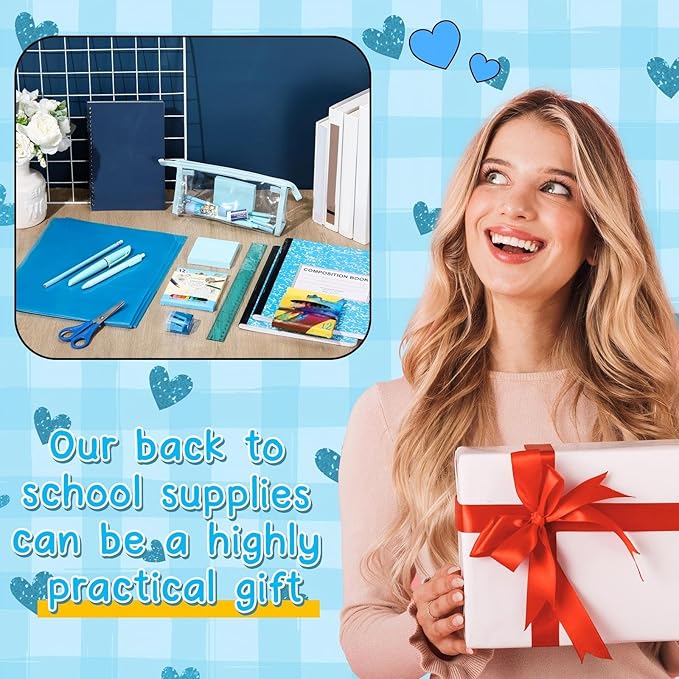 48 Pcs School Stationary Set Essentials Bundle Include Folders Notebooks Rulers Scissors Pencils Pens and Much More Back to School Gifts for Students(Blue)