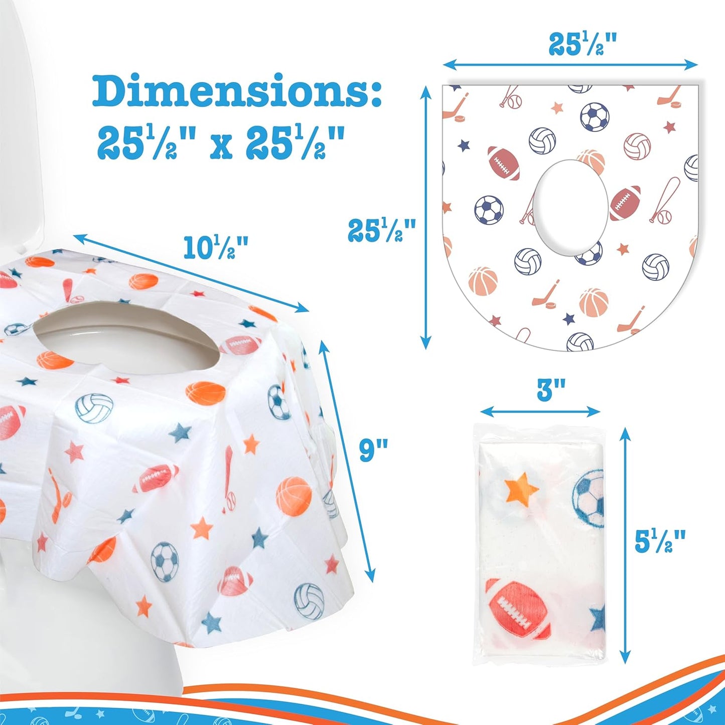 Toilet Seat Covers Disposable (20 Pack, Sports) - XL Waterproof Toilet Cover for Toddlers, Kids & Adults - Portable & Individually Wrapped for Travel, Potty Training & Public Restrooms