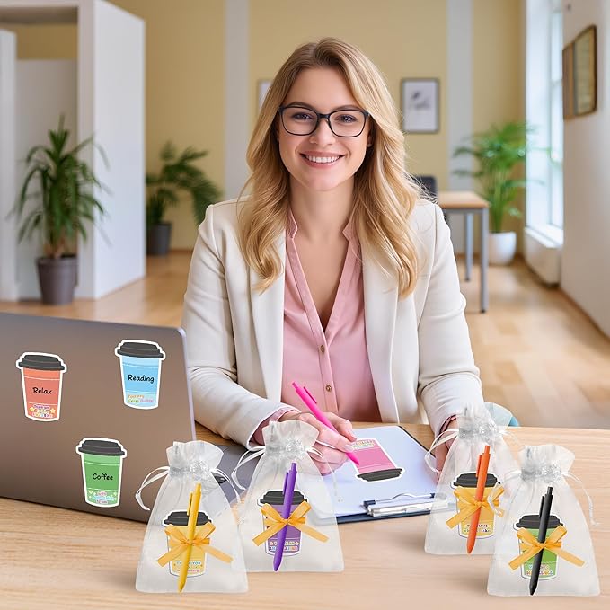 Xqumoi Employee Appreciation Coffee Cup Sticky Notes Set - 24 Set Coffee Self Sticky Writing Memo Pads Ballpoint Pens with Mesh Bag for Coffee Lover Staff Member Colleague Worker School Office Supply