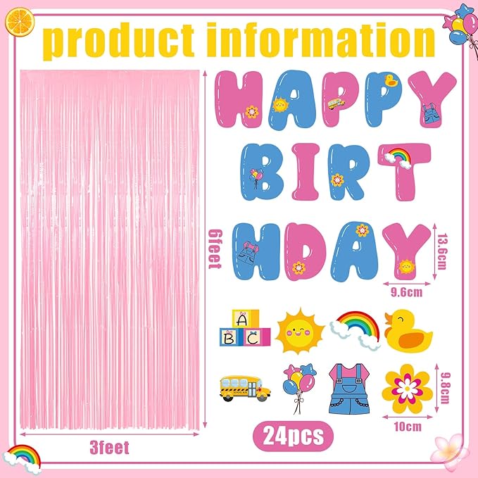 Epakh 39 Pcs Cartoon English Teacher Birthday Party Decorations Includes 24 Pieces Paper Cards 13 Pcs Happy Birthday Banner 2 Pieces Foil Fringe Curtain Backdrop for Photo Prop Themed Party Supplies