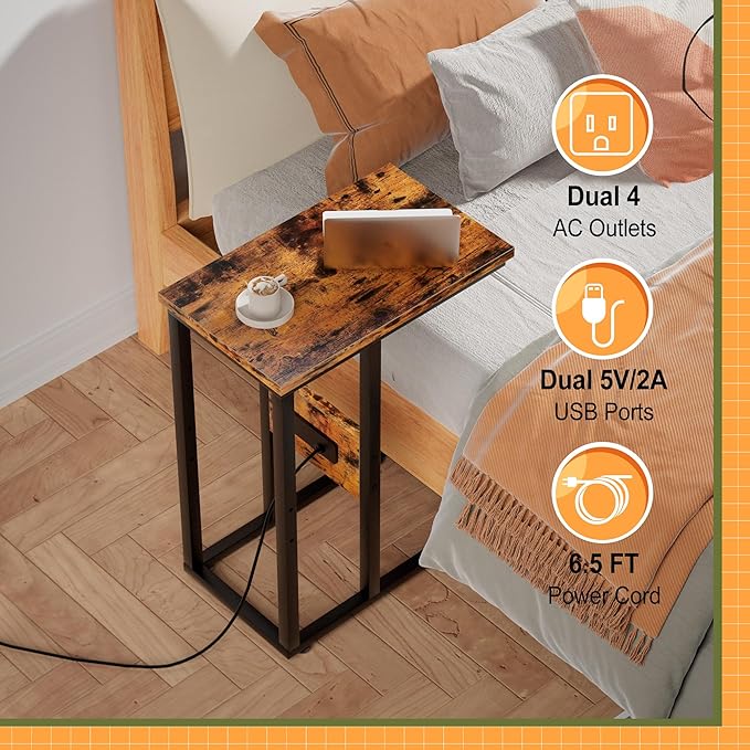 VECELO C Shaped End Table with Charging Station & Power Outlets, Quick Access Side Table for Sofa, C Bedside for Living Room Bedroom 1 Set,Brown