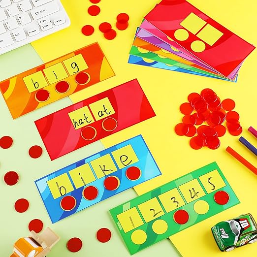 Sound Box Mats and Chips 24 Pcs Dry Erase Mats and 84 Pcs Chips Phonemic Awareness Games Phonics Reading Games Ezread Sound Box Kit(Adorable Style,Cardboard)